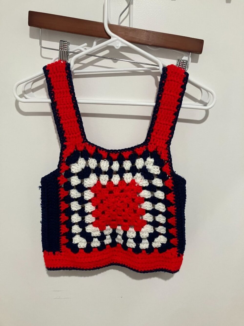 Vintage Handmade Women's Crochet Granny Square Crop Top Red White Blue OS